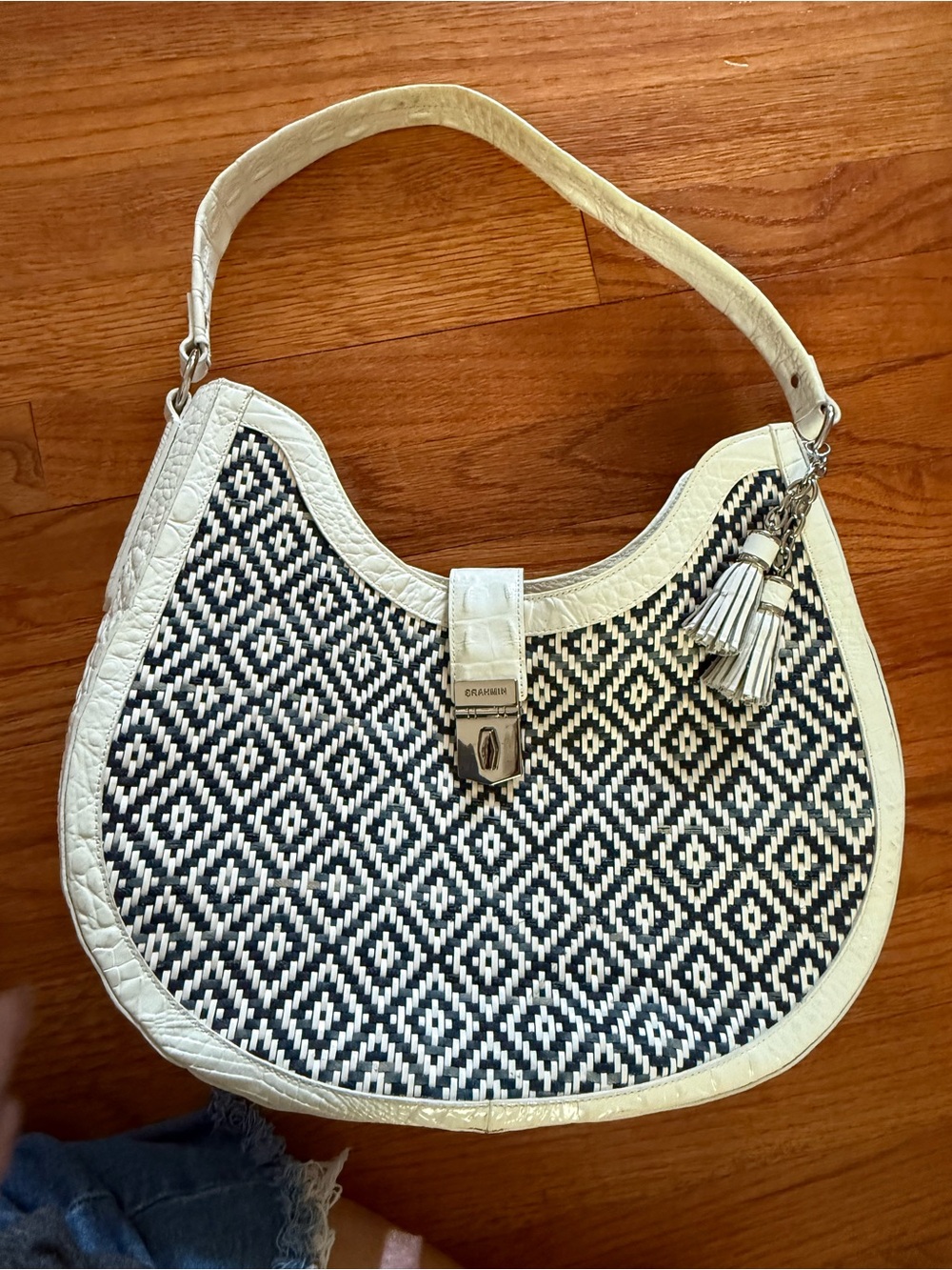 BRAHMIN BETHANY DENIM SUMMER PALM LEATHER White and Blue SHOULDER BAG HANDBAG